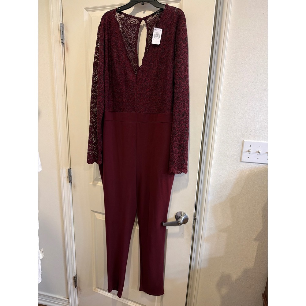 Blashe Burgundy Lace Long Sleeve Jumpsuit V-Neck Keyhole Back Plus 2XL NWT